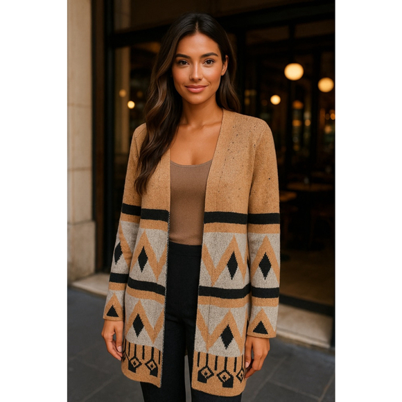 By Design Long Sweater Cardigan Geometric Boho Knit Open Front Boho Western M - Picture 1 of 5